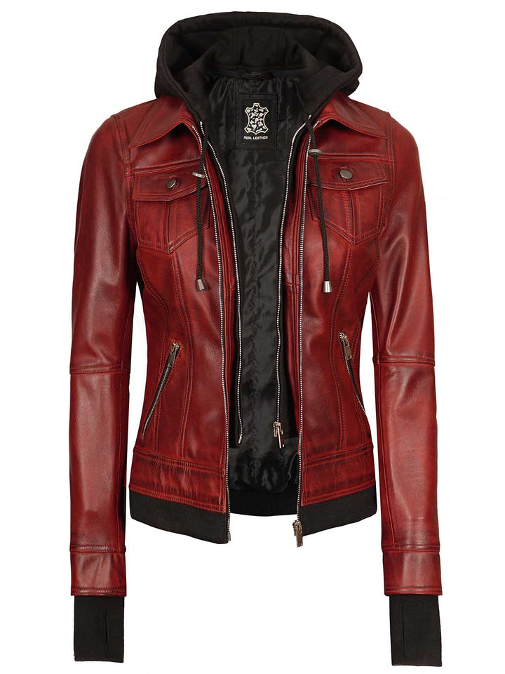 Burgundy Womens Leather Bomber Jacket with Hood - Rare Leather