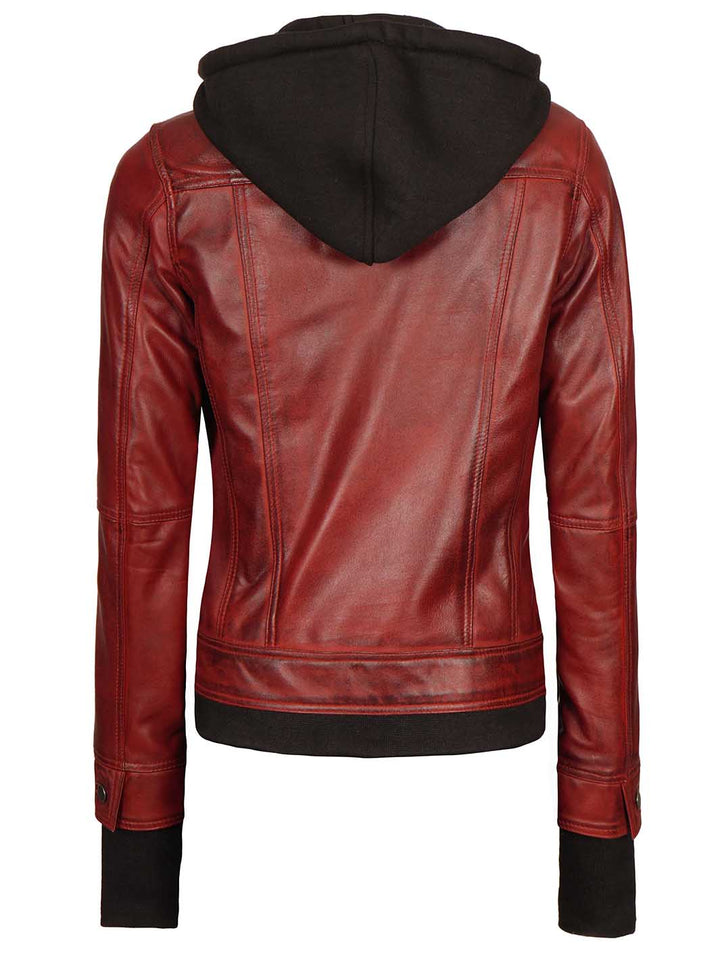 Burgundy Womens Leather Bomber Jacket with Hood - Rare Leather