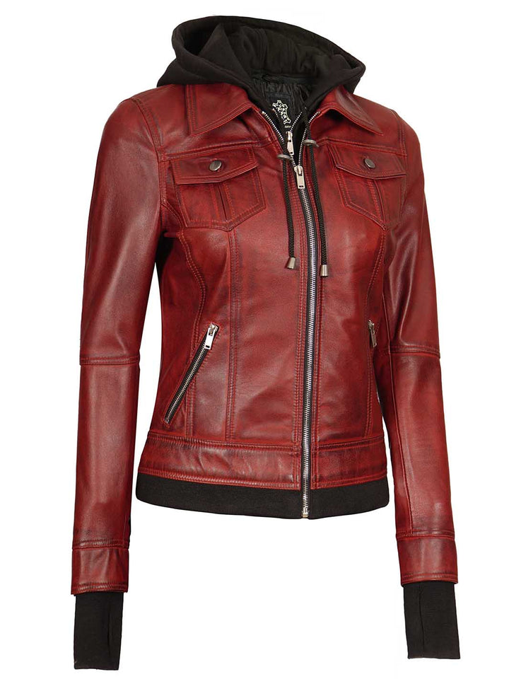 Burgundy Womens Leather Bomber Jacket with Hood - Rare Leather