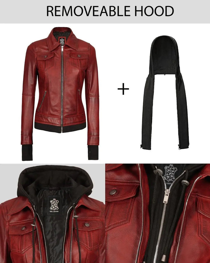 Burgundy Womens Leather Bomber Jacket with Hood - Rare Leather
