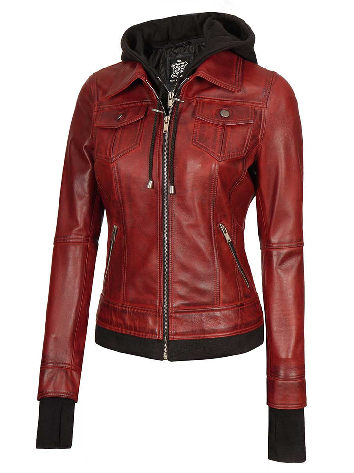 Burgundy Womens Leather Bomber Jacket with Hood - Rare Leather