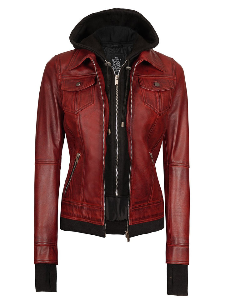 Burgundy Womens Leather Bomber Jacket with Hood - Rare Leather