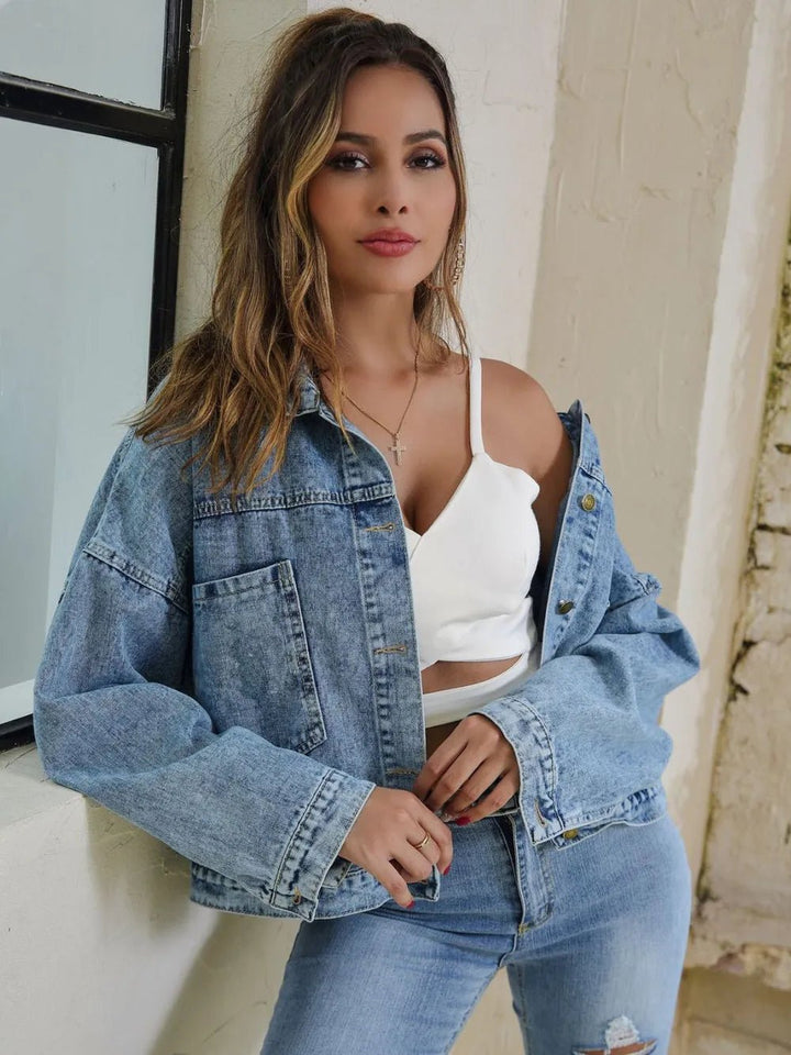 Button Down Drop Shoulder Denim Jacket - Rare Leather