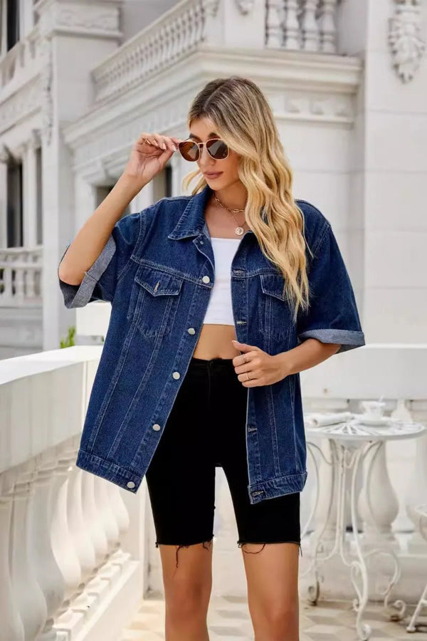 Button Down Half Sleeve Denim Jacket - Rare Leather