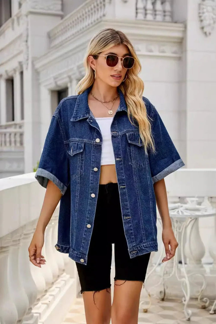 Button Down Half Sleeve Denim Jacket - Rare Leather