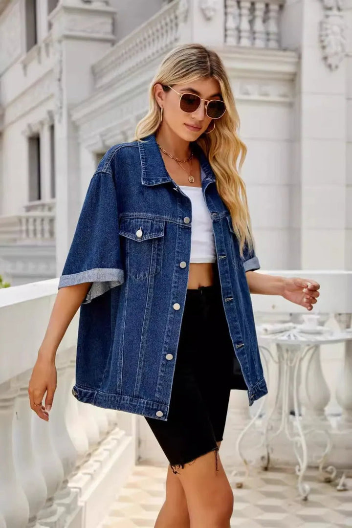 Button Down Half Sleeve Denim Jacket - Rare Leather