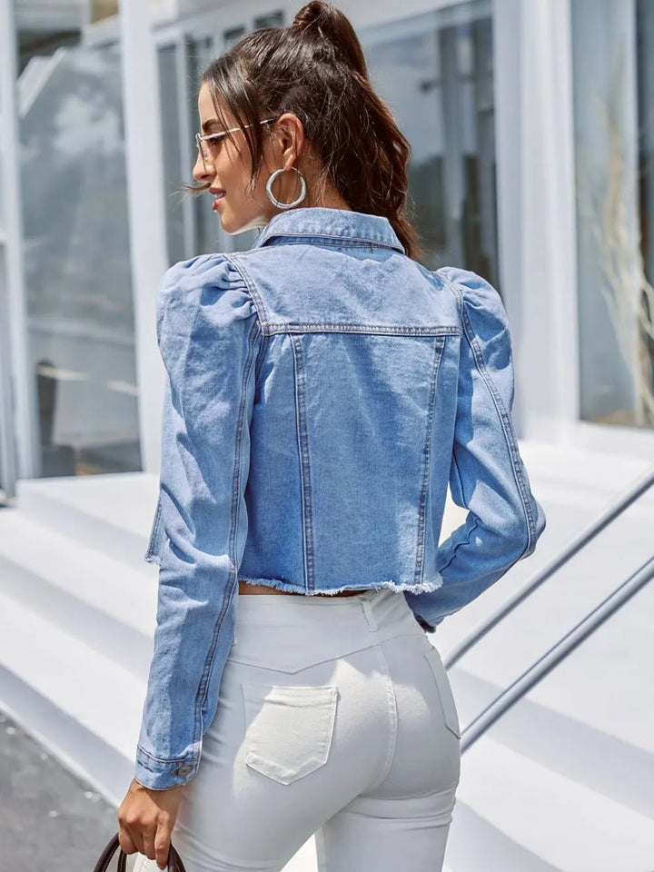 Button Down Raw Hem Cropped Denim Jacket - Rare Leather