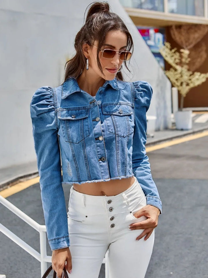 Button Down Raw Hem Cropped Denim Jacket - Rare Leather