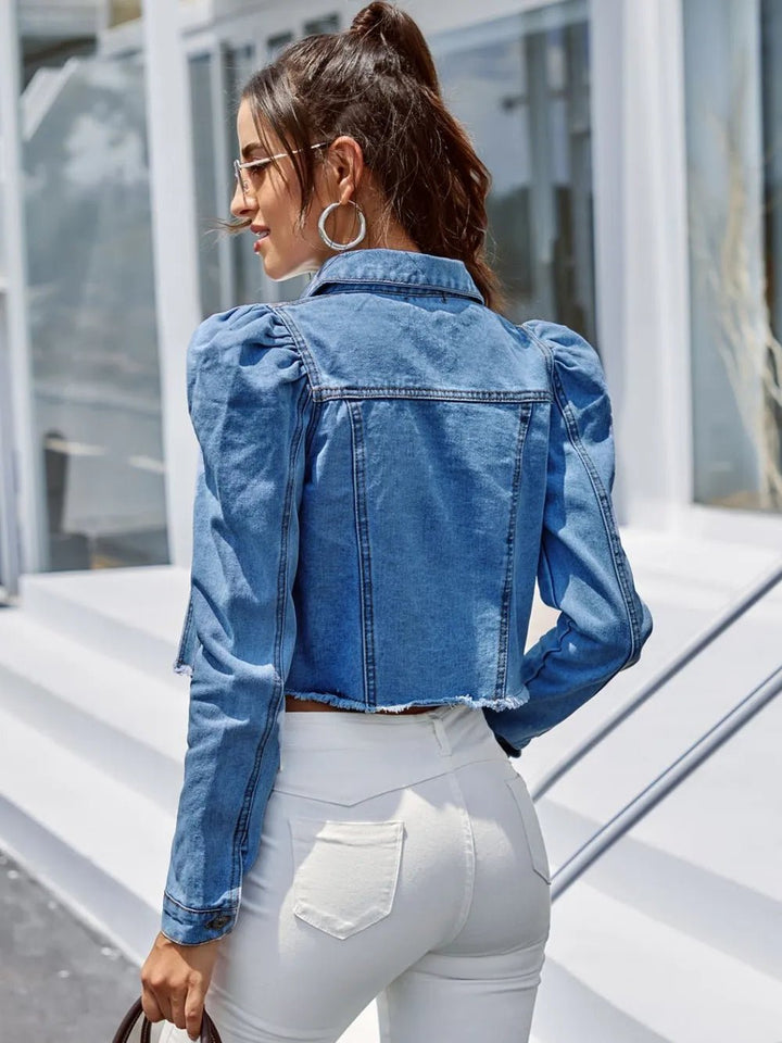 Button Down Raw Hem Cropped Denim Jacket - Rare Leather