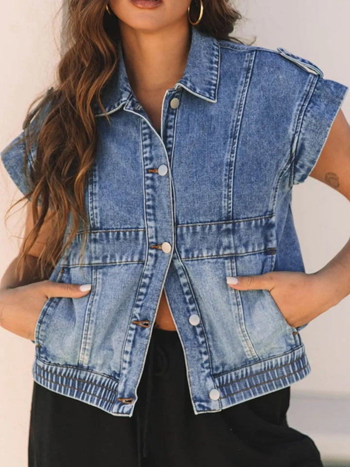 Button Up Cap Sleeve Denim Jacket - Rare Leather