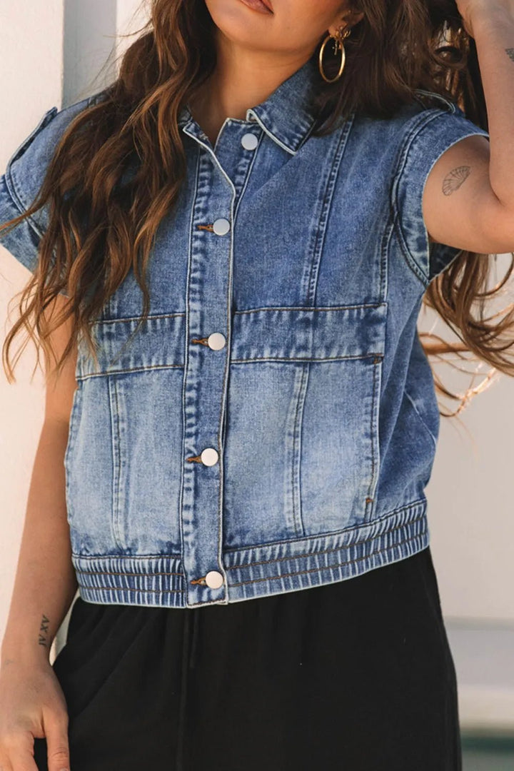 Button Up Cap Sleeve Denim Jacket - Rare Leather