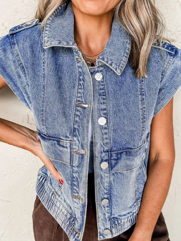 Button Up Cap Sleeve Denim Jacket - Rare Leather