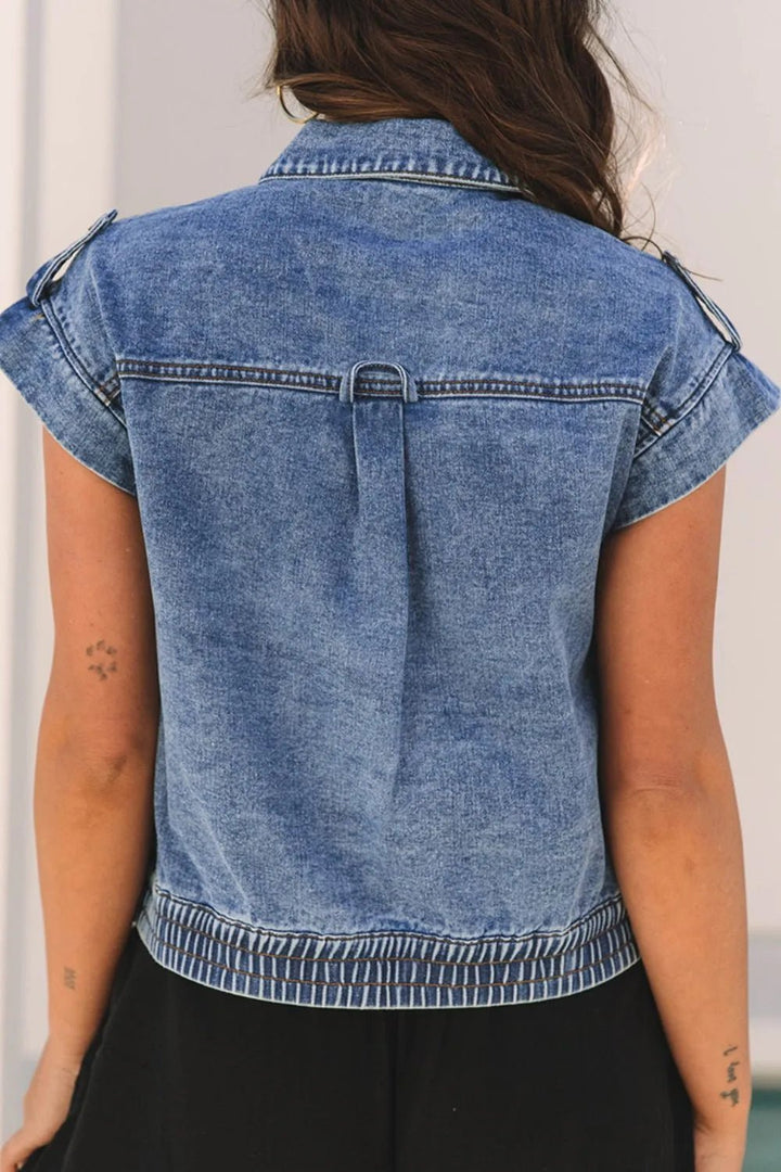 Button Up Cap Sleeve Denim Jacket - Rare Leather