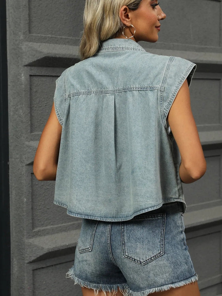Button Up Cap Sleeve Denim Jacket - Rare Leather