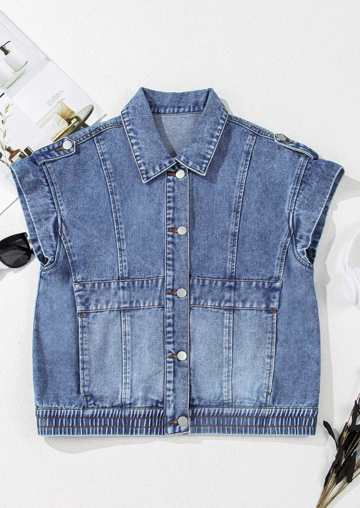 Button Up Cap Sleeve Denim Jacket - Rare Leather