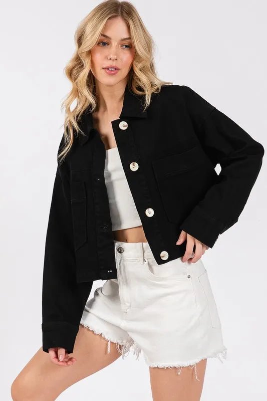 bytos Button Down Cropped Denim Jacket with Patch Pockets - Rare Leather