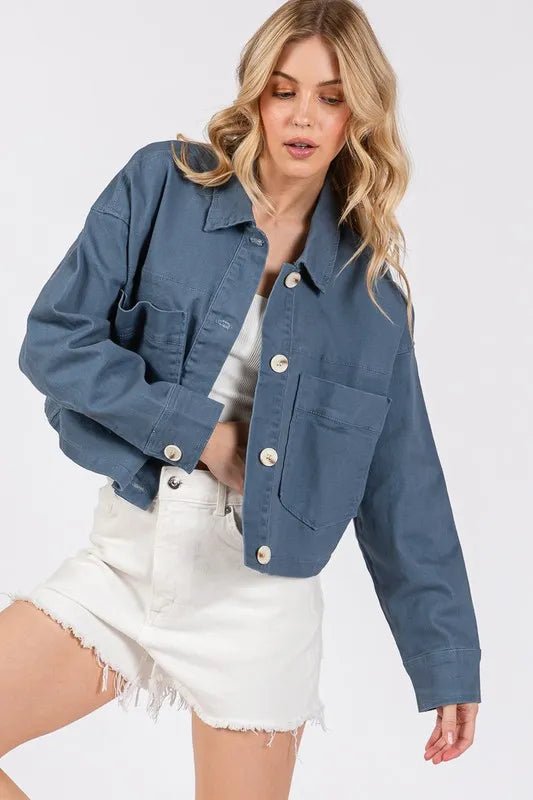 bytos Button Down Cropped Denim Jacket with Patch Pockets - Rare Leather