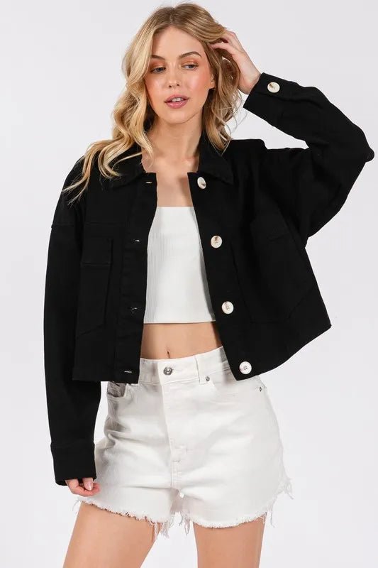 bytos Button Down Cropped Denim Jacket with Patch Pockets - Rare Leather