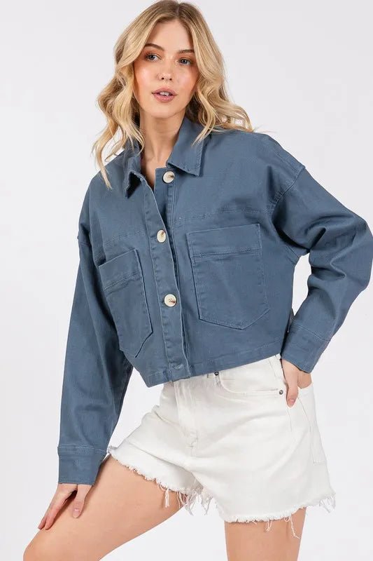 bytos Button Down Cropped Denim Jacket with Patch Pockets - Rare Leather