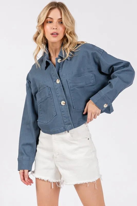bytos Button Down Cropped Denim Jacket with Patch Pockets - Rare Leather