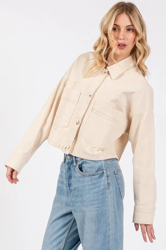 bytos Button Down Cropped Denim Jacket with Patch Pockets - Rare Leather
