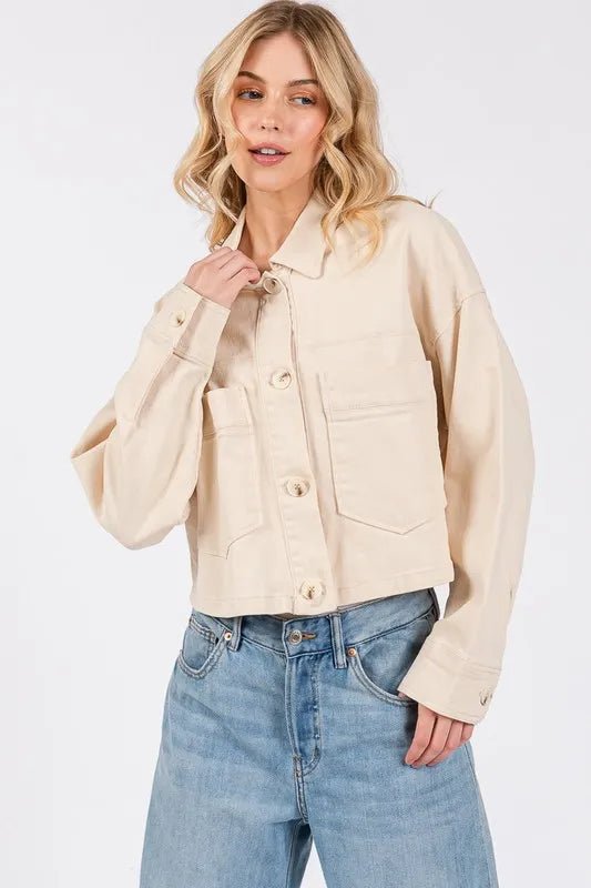 bytos Button Down Cropped Denim Jacket with Patch Pockets - Rare Leather