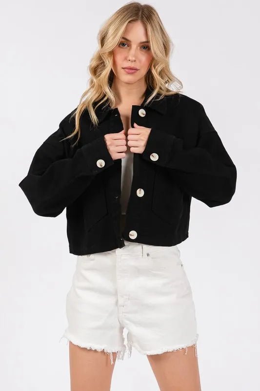 bytos Button Down Cropped Denim Jacket with Patch Pockets - Rare Leather