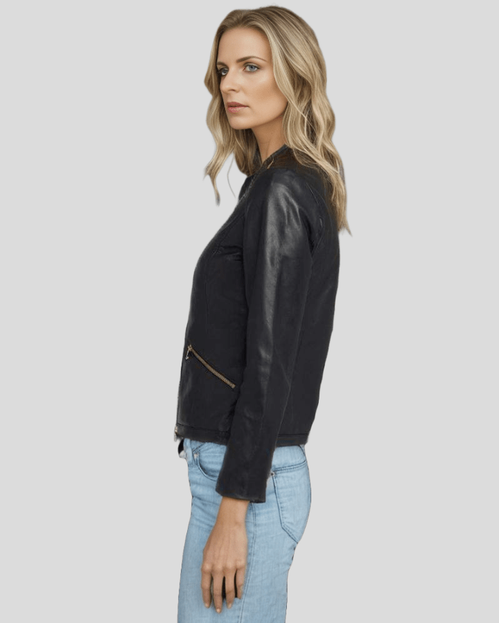 Chic Noir Crew Neck Black Racer Leather Jacket - Rare Leather