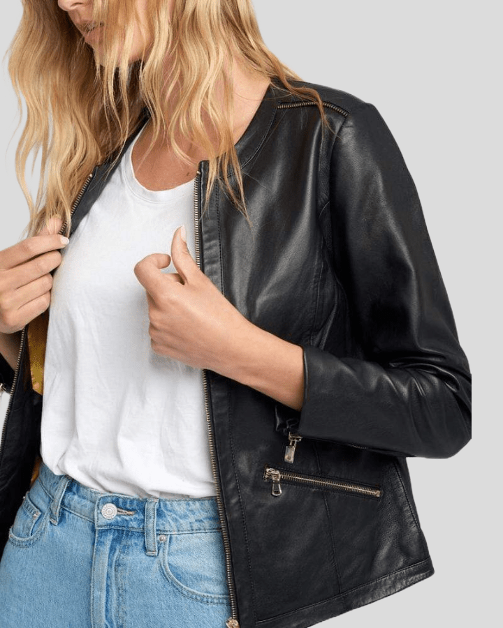 Chic Noir Crew Neck Black Racer Leather Jacket - Rare Leather