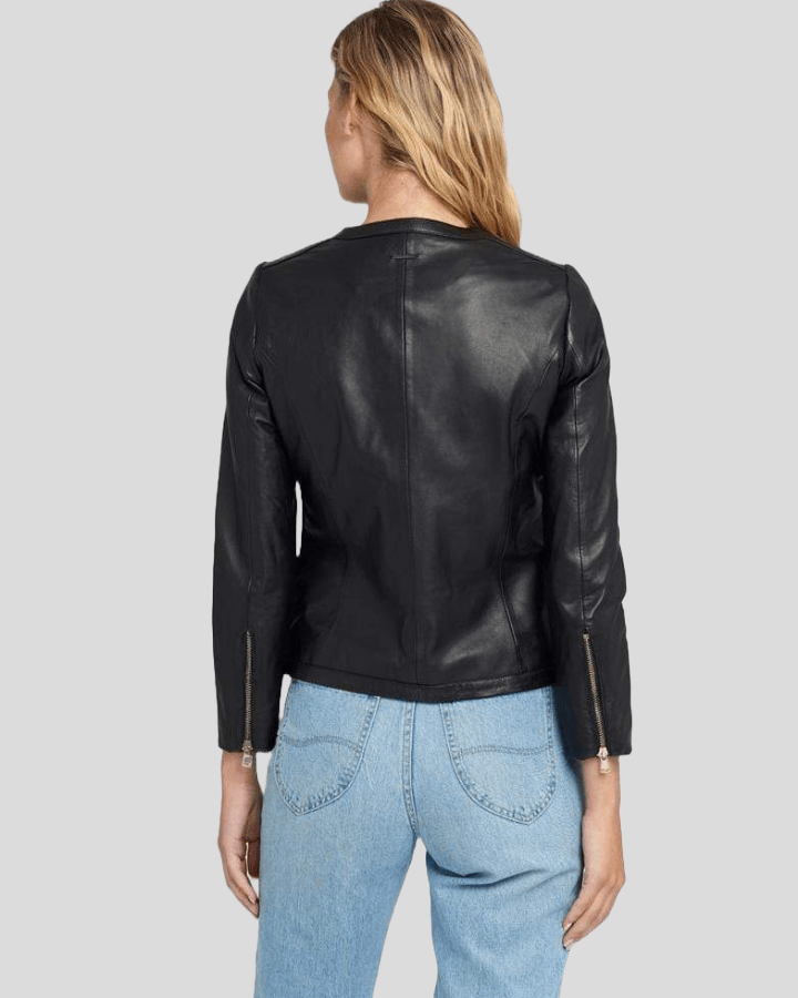 Chic Noir Crew Neck Black Racer Leather Jacket - Rare Leather