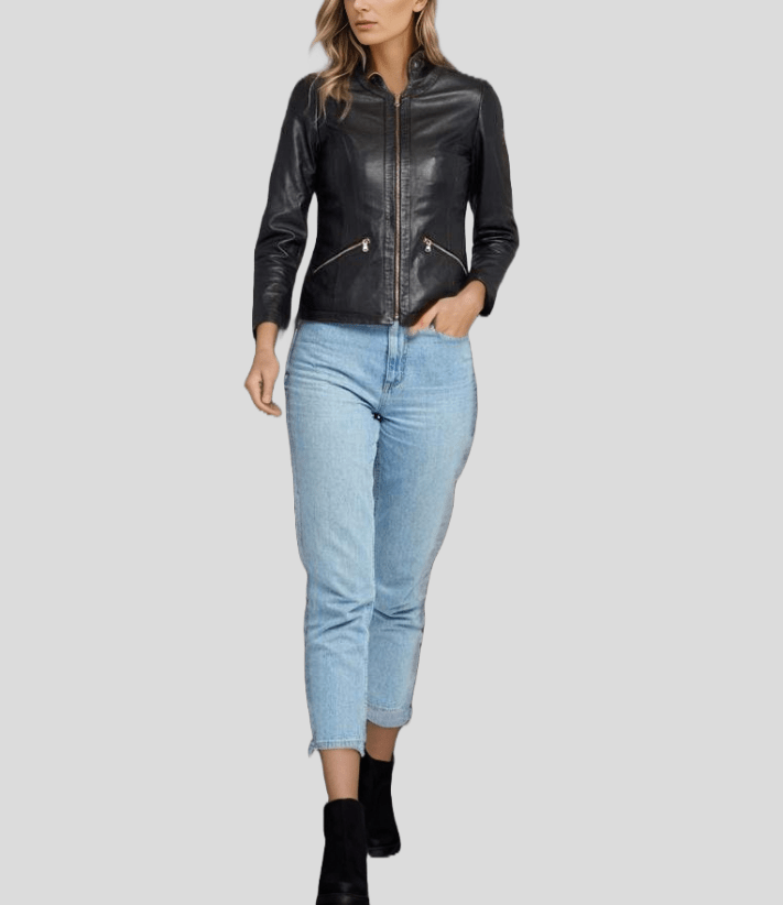Chic Noir Crew Neck Black Racer Leather Jacket - Rare Leather