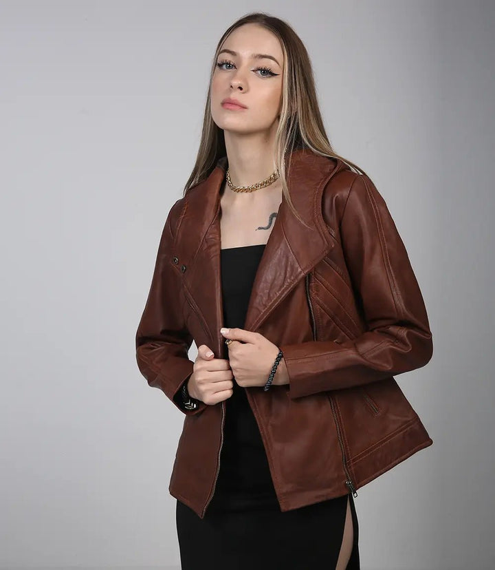 Cidra Women Asymmetrical Brown Hooded Leather Jacket - Rare Leather