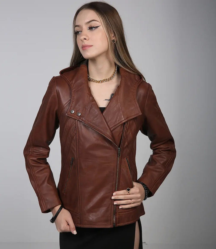 Cidra Women Asymmetrical Brown Hooded Leather Jacket - Rare Leather