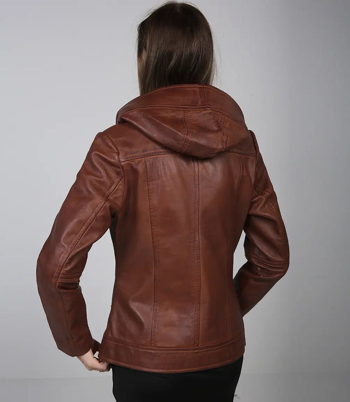 Cidra Women Asymmetrical Brown Hooded Leather Jacket - Rare Leather