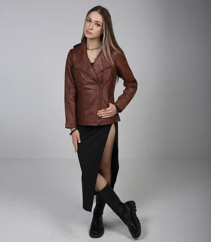 Cidra Women Asymmetrical Brown Hooded Leather Jacket - Rare Leather