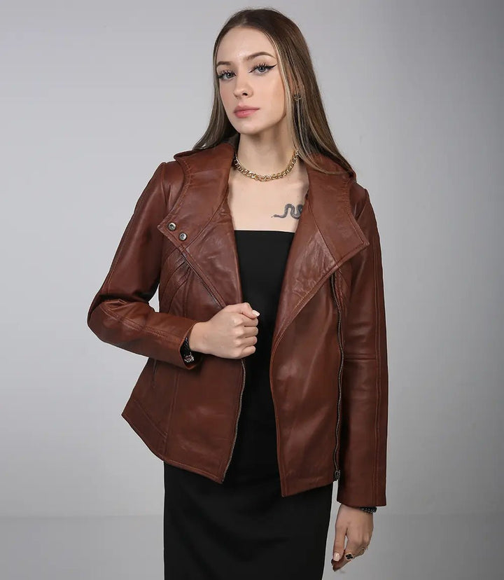 Cidra Women Asymmetrical Brown Hooded Leather Jacket - Rare Leather