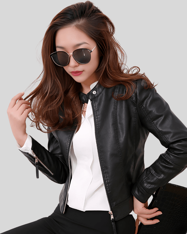 City Sleek Women's Fitted Black Leather Jacket with Textured Sleeves - Rare Leather