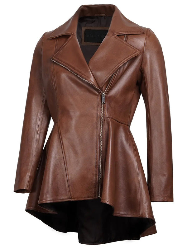 Clarissa Womens Cognac Brown Peplum Leather Jacket - Rare Leather