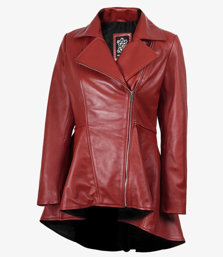Clarissa Womens Red Asymmetrical Peplum Leather Jacket - Rare Leather