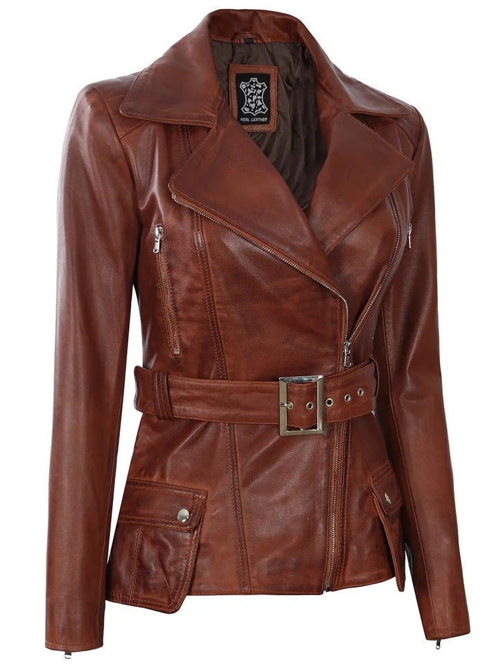 Cognac Wax Women Leather Biker Jacket - Rare Leather