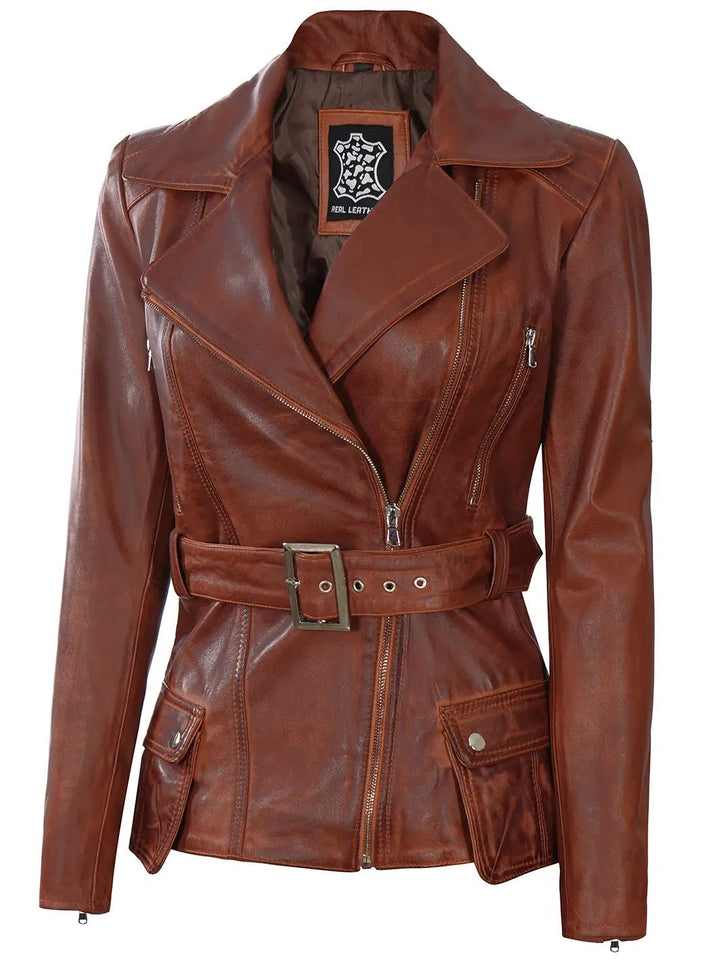 Cognac Wax Women Leather Biker Jacket - Rare Leather