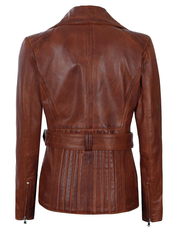 Cognac Wax Women Leather Biker Jacket - Rare Leather