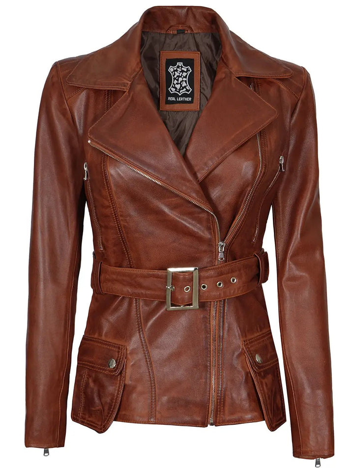 Cognac Wax Women Leather Biker Jacket - Rare Leather