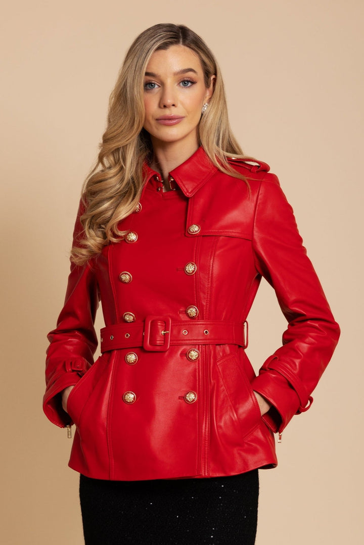 Cropped 'Belle Du Jour' Leather Trench Coat in Rosso - Rare Leather