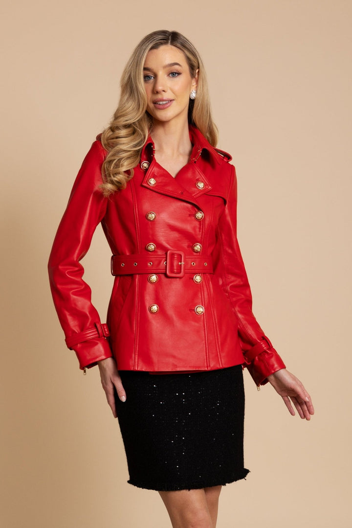 Cropped 'Belle Du Jour' Leather Trench Coat in Rosso - Rare Leather