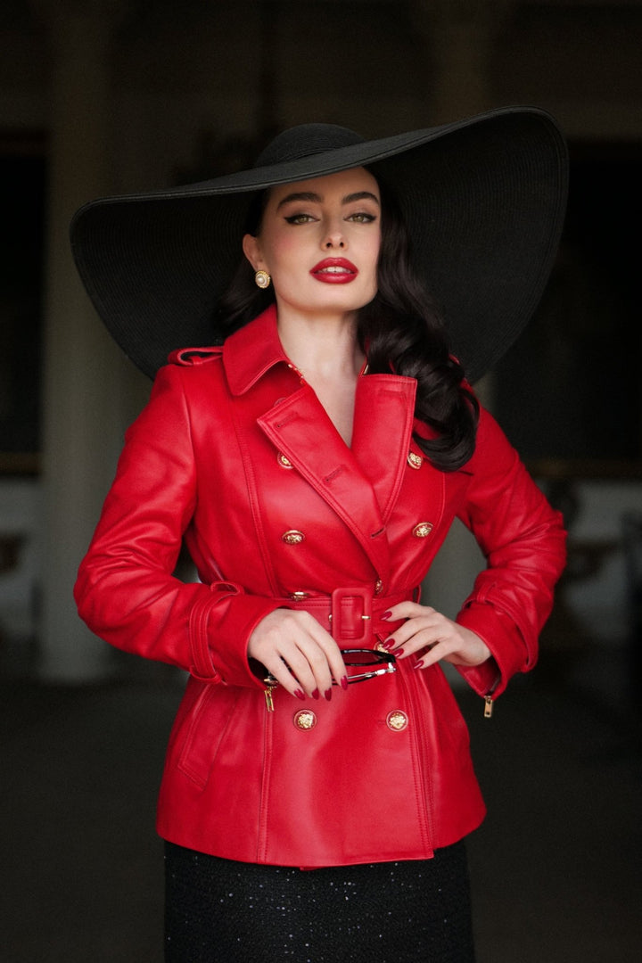 Cropped 'Belle Du Jour' Leather Trench Coat in Rosso - Rare Leather