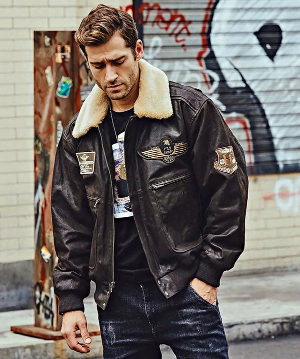 Denver Men’s Black Bomber Leather Jacket Aviator with Removable Collar - Rare Leather