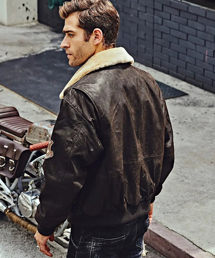 Denver Men’s Black Bomber Leather Jacket Aviator with Removable Collar - Rare Leather