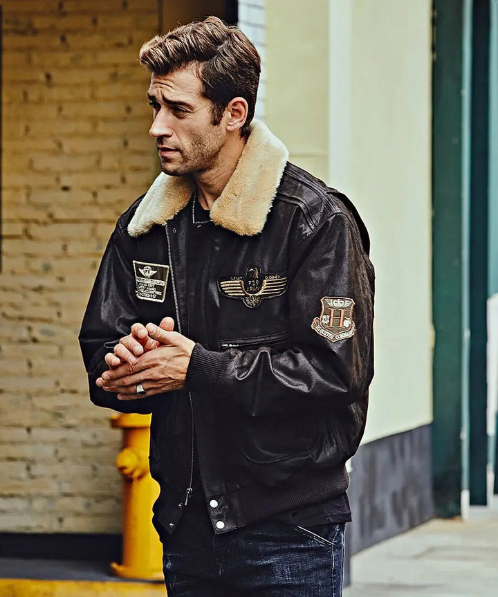 Denver Men’s Black Bomber Leather Jacket Aviator with Removable Collar - Rare Leather