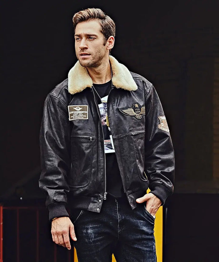 Denver Men’s Black Bomber Leather Jacket Aviator with Removable Collar - Rare Leather